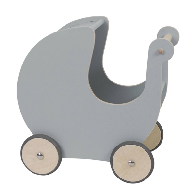 Wooden barnvagn till docka, grå